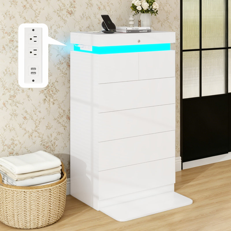  Commode moderne à 6 tiroirs 48,4 po avec lumières DEL, station de charge et rangement dissimulé, Blanc