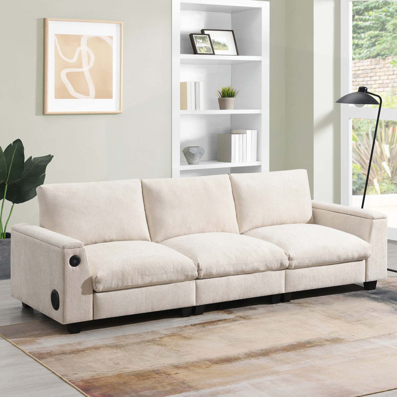 Chenille Sectional Sofa with Bluetooth Speaker,Comfy Cloud Couch Set with Drop Down Table, Beige