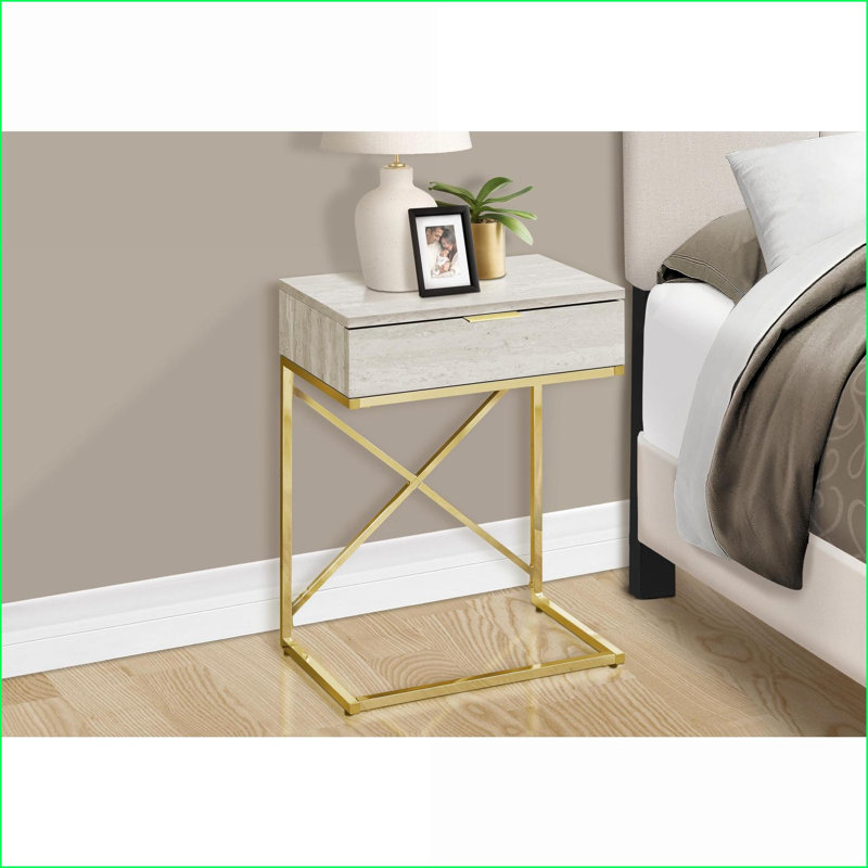Table basse beige aspect marbre avec structure en métal doré, plateau spacieux et tiroir de rangement pour le salon