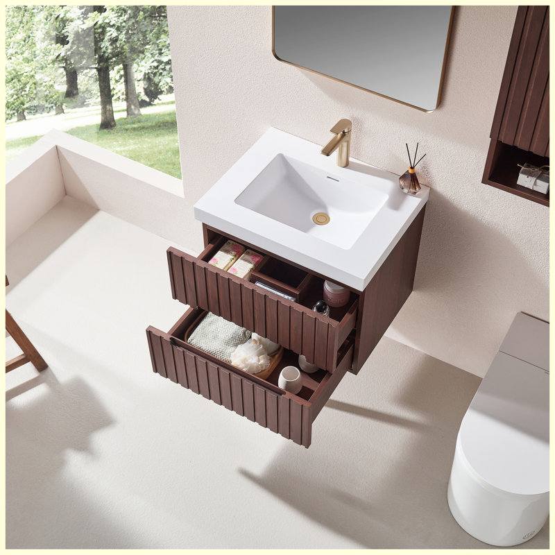 Meuble-lavabo suspendu de 61 cm (24 po) en noyer foncé | Vasque blanche intégrée en acrylique | Armoire en contreplaqué préassemblée avec 2 tiroirs