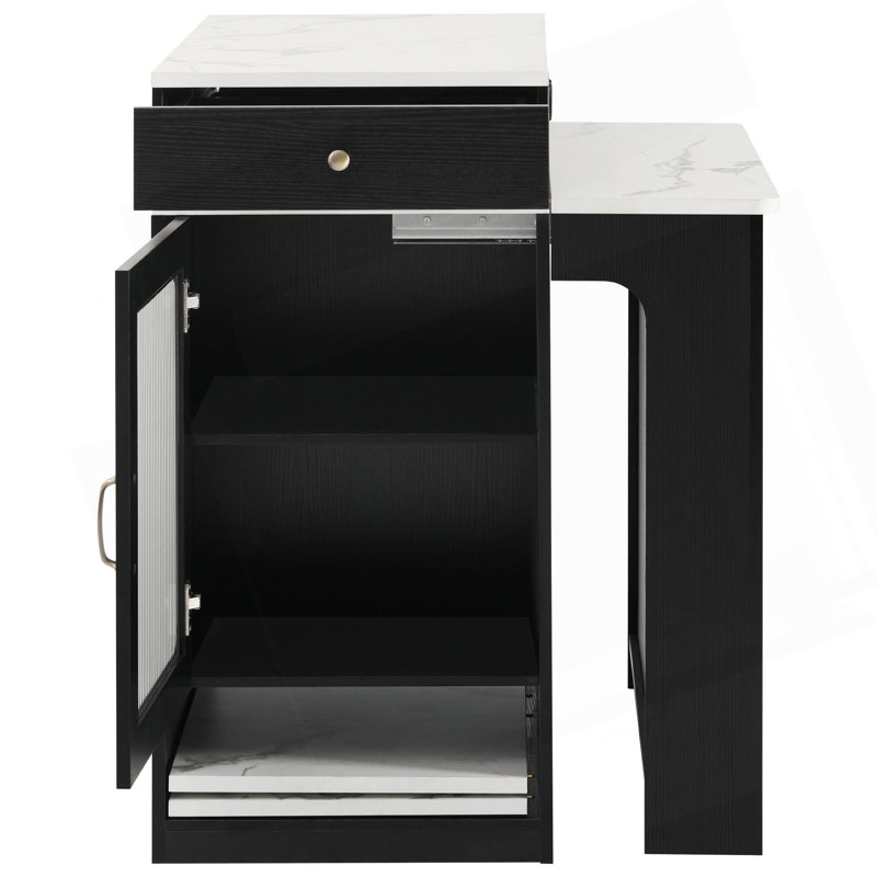 59.5" Kitchen Island With Extendable Dining Table, Kitchen Storage Table With Double-Sided Storage, Kitchen Island With 2 Drawers, Power Outlet, Side Open Shelves, For Kitchen, Dining Room