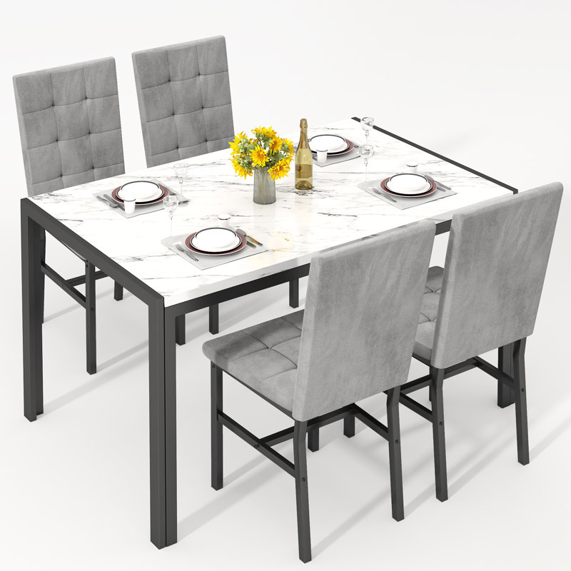 Ensemble de salle à manger 5 pièces en marbre - table compacte et 4 chaises en velours, Gris