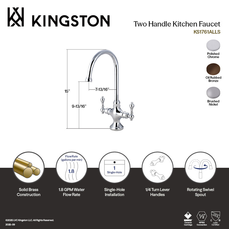 Kingston Brass Vintage Two-Handle 1-Hole Deck Mount Kitchen Faucet, Polished Chrome