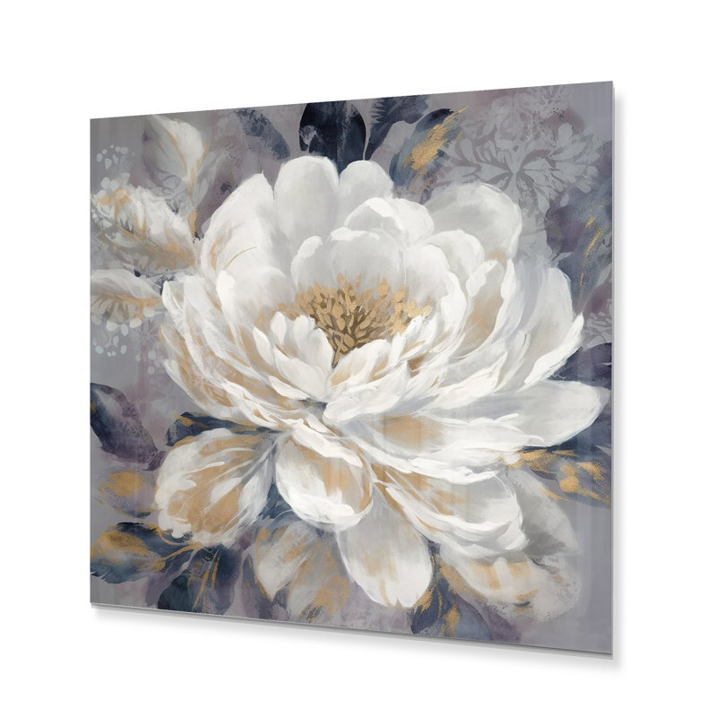 Gonzella Emotion Of White Gold Peony Flower I sur impression métallique, H 29 po x l 29 po x P 1 po