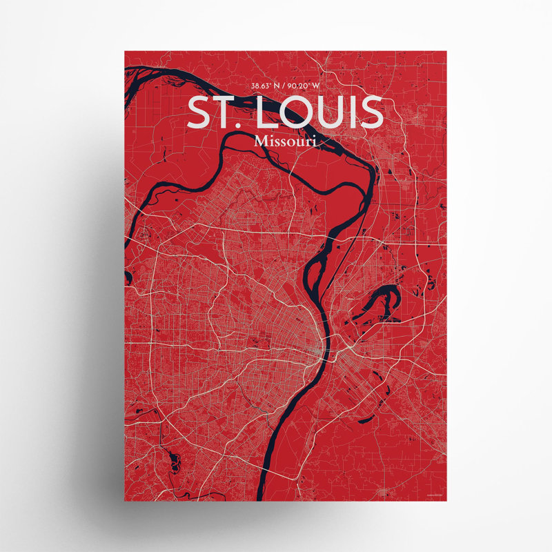 St. Louis City Map, impression, Rouge / Bleu marine, H 27,6 po x l 19,7 po