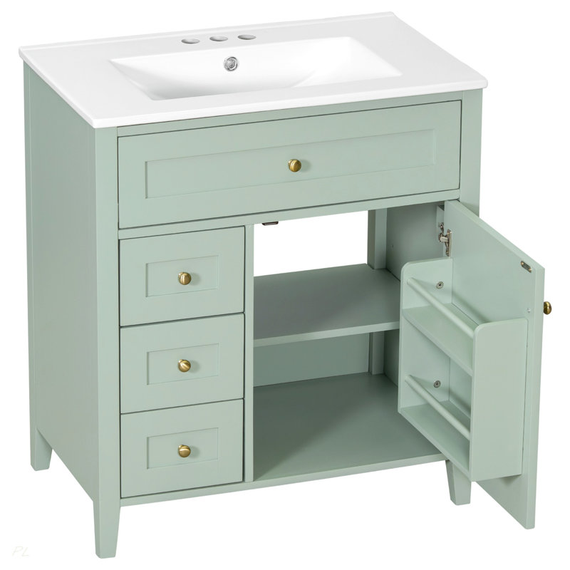 Meuble-lavabo de 30 pouces avec lavabo, panneau de fibres à densité moyenne moderne et bois d'hévéa avec 3 tiroirs et tablette réglable, meuble-lavabo autoportant pour le rangement et l'organisation de la salle de bain
