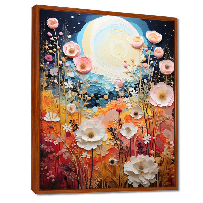 Décoration florale de pleine lune, «Blossoming Spring Flowers», Toile avec cadre flottant brun, H 32 po x l 24 po x P 1 po
