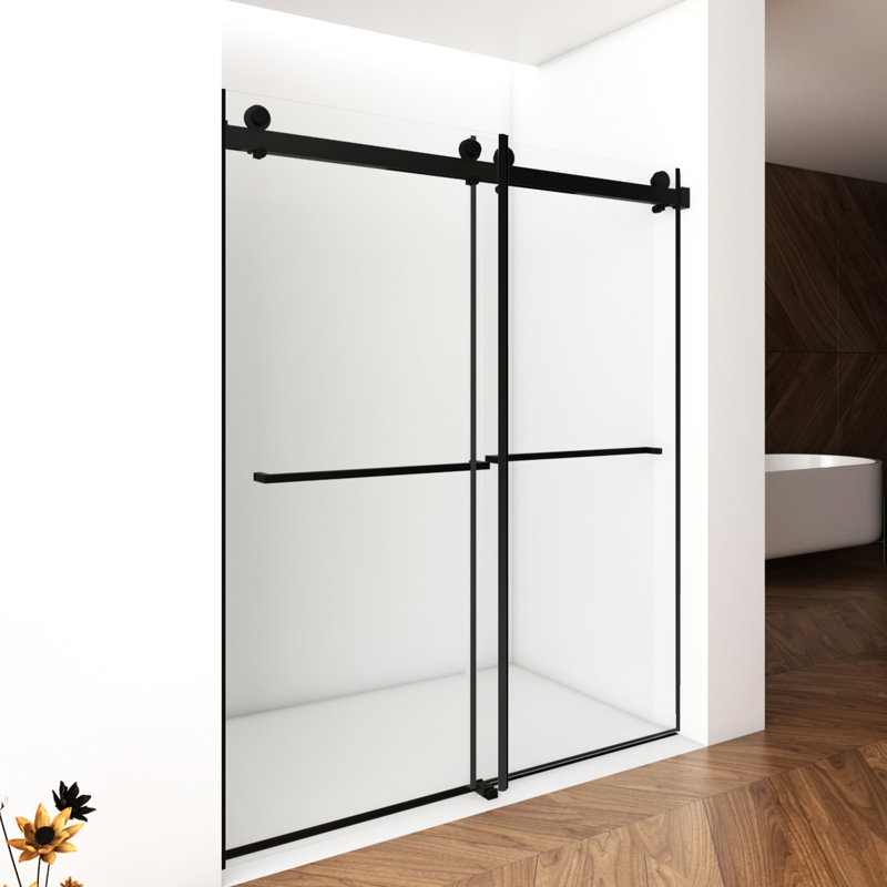 Cabine de douche double coulissante, H 70 po x l 56 à 60 po, verre feuilleté, noir mat, avec porte et poignée 60 po x 70 po, finition en verre trempé noir, côté facile à nettoyer, acier inoxydable rouille