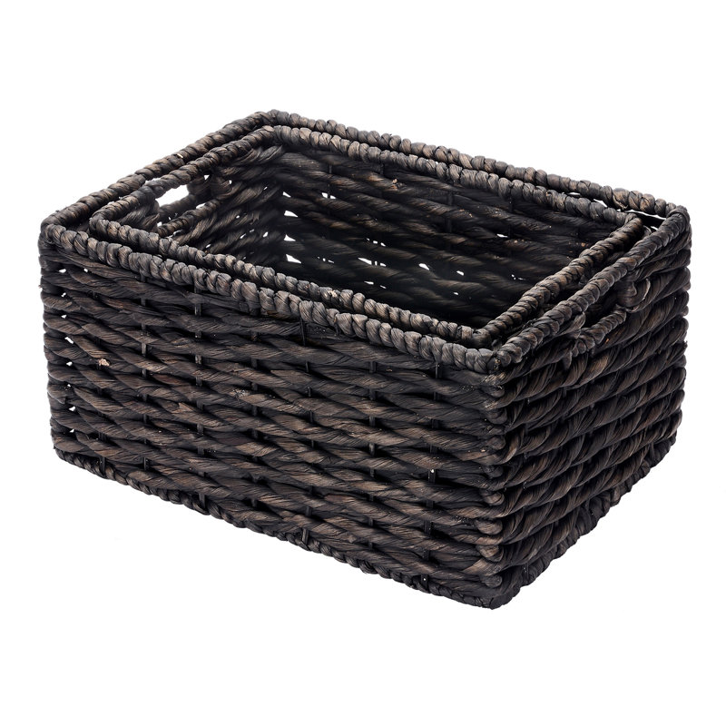 Twisted Rectangle 2 Piece Wicker Basket Set, Black