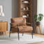 Modern Minimalist Accent Arm Chair, Wood-Tone Brown Faux Leather with Plush Cushions and Solid Wood Armrests