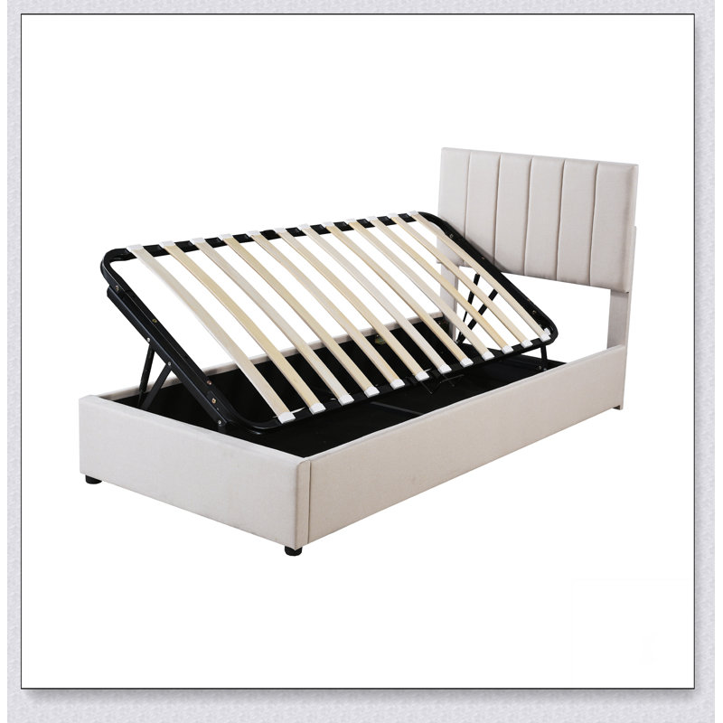 Lit plateforme tapissier simple avec système de rangement hydraulique, Beige