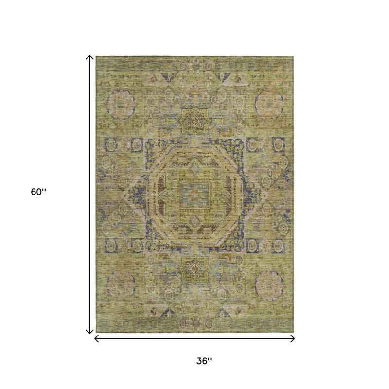 Tapis lavable intérieur/extérieur 90 x 150 cm, motif médaillon vert artichaut et bleu