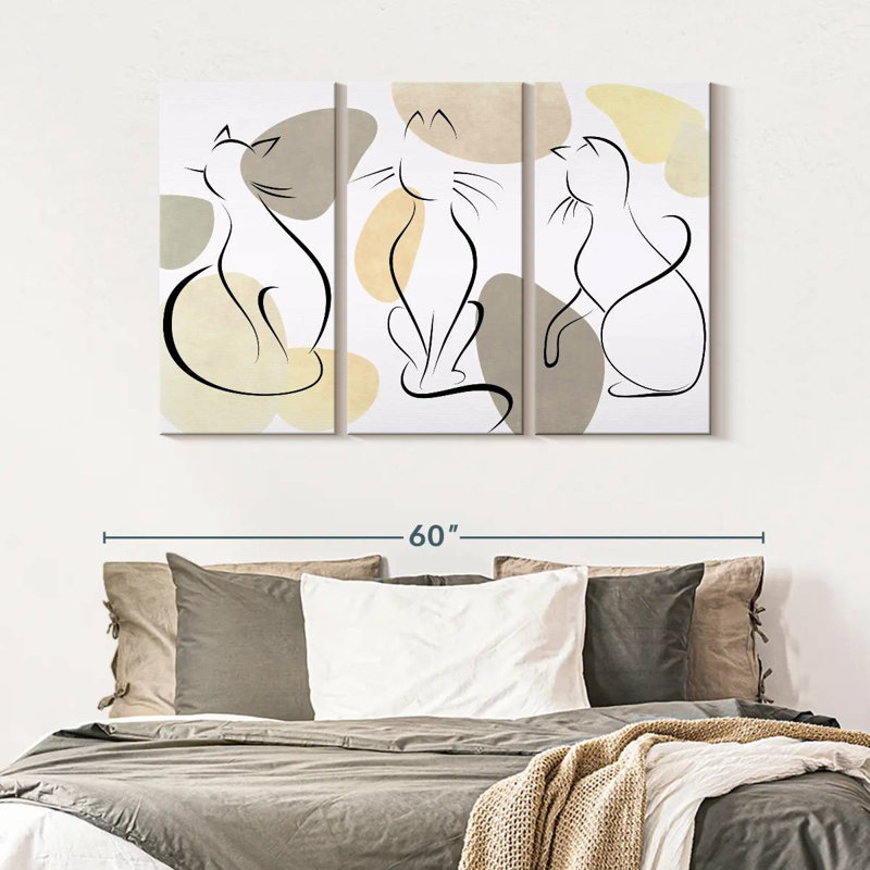 Minimalist Cats - Ensemble de 3 toiles tendues, H 32 po x l 50 po x P 1,25 po
