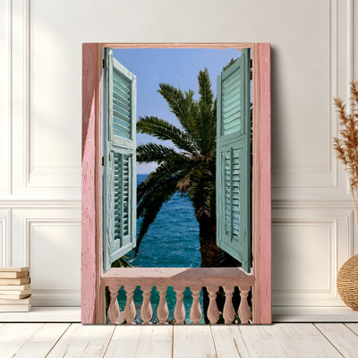 Tropical Coastal Open Window Shutters Palm Tree Sea View Wall Art Graphic Print 40x28 Inch - Living Room Bedroom Decor