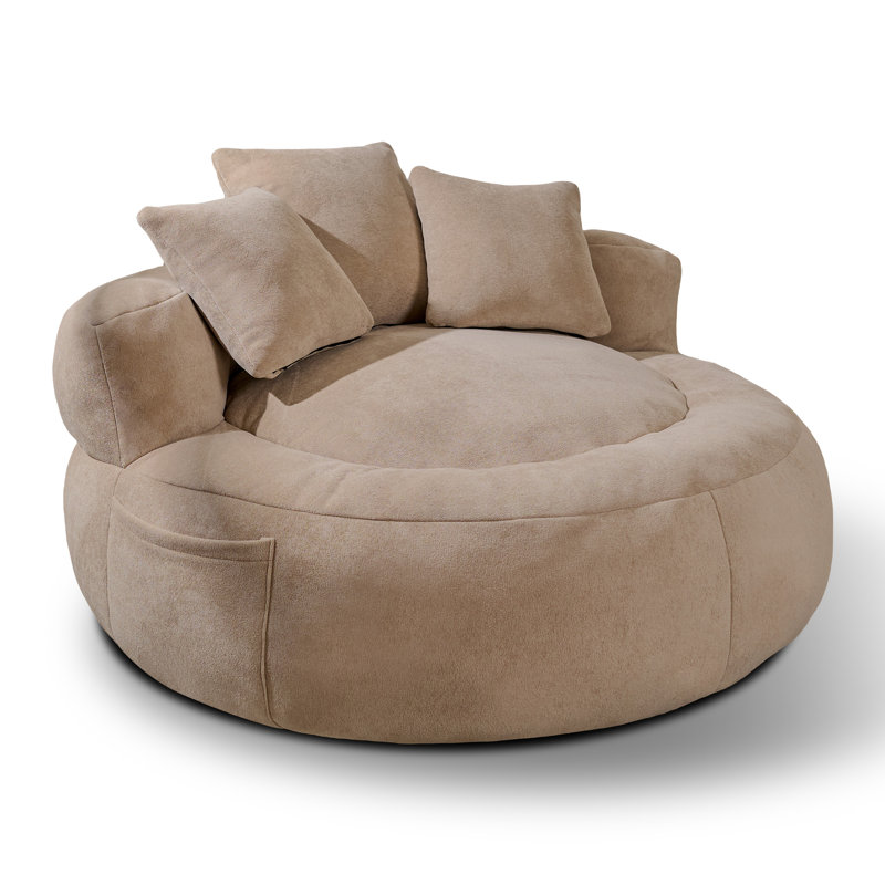 Compression 52" W Oversize Adult Round Faux Fur Foam Filled Bean Bag Sofa With 3 Back Pillows, Khaki Faux Fur