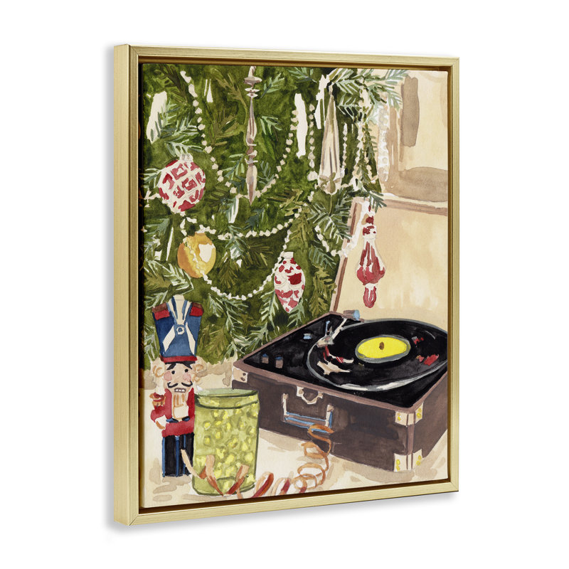 Disque tourne-disque sous un arbre de Noël, toile encadrée dorée, conception par Melissa, H 31 po x l 25 po