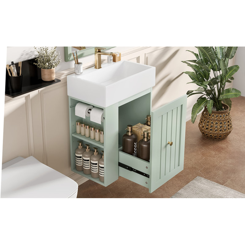 Meuble-lavabo de 20 po avec lavabo en céramique, poignée dorée et tablettes de rangement latérales, Vert