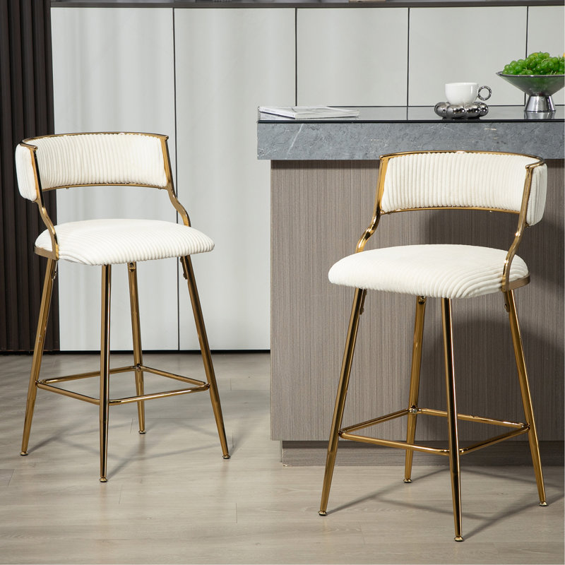 (ENSEMBLE de 2) tabourets de bar 26 po à hauteur de comptoir en velours côtelé avec dossier, base chromée dorée et repose-pieds (BEIGE)