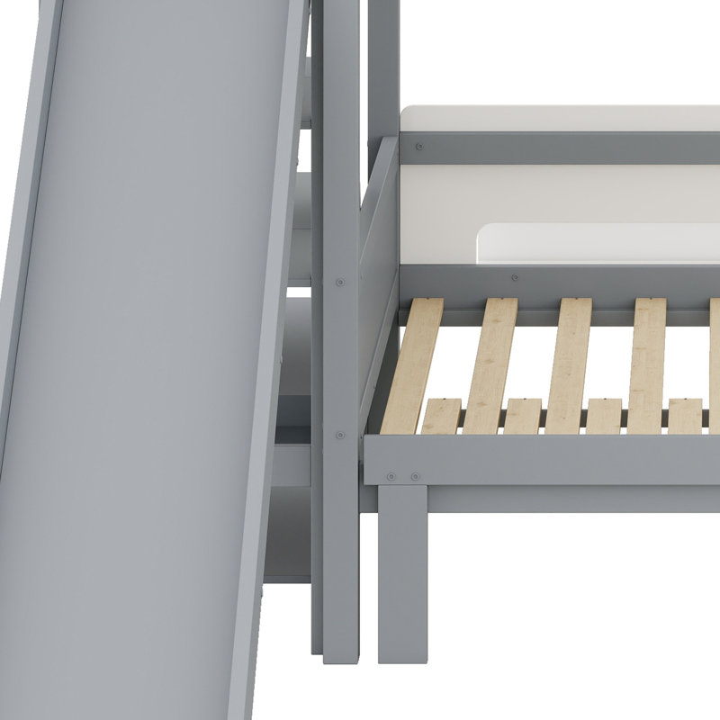 Lit superposé en bois avec glissade, escalier de rangement et structure de lit robuste, Gris+blanc