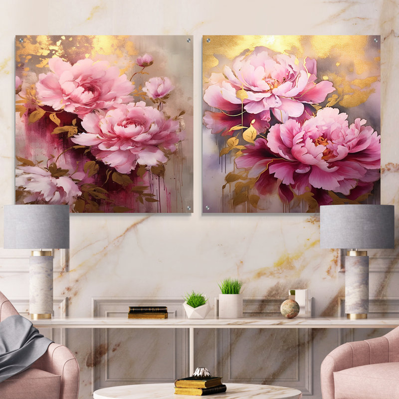 Pink And Gold Peonies In Radiance - Peonies Acrylic Wall Art Glass Set Of 2, 36" H x 73" W