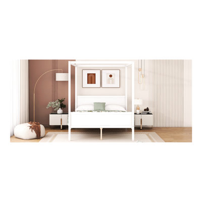 White Queen Canopy Bed With Headboard, . Modern Look Slat Support. Storage Space Utilization. Framework. 83.9"L X 62.7"W 74.8"H. 500Lbs Weight Limit. Simple Assembly Directions Size Platform Bed,