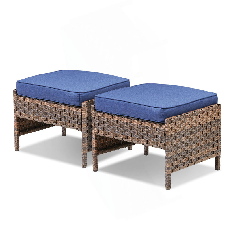 Ensemble de 2 repose-pieds d'extérieur en rotin brun avec coussin pour la cour ou la terrasse, Bleu