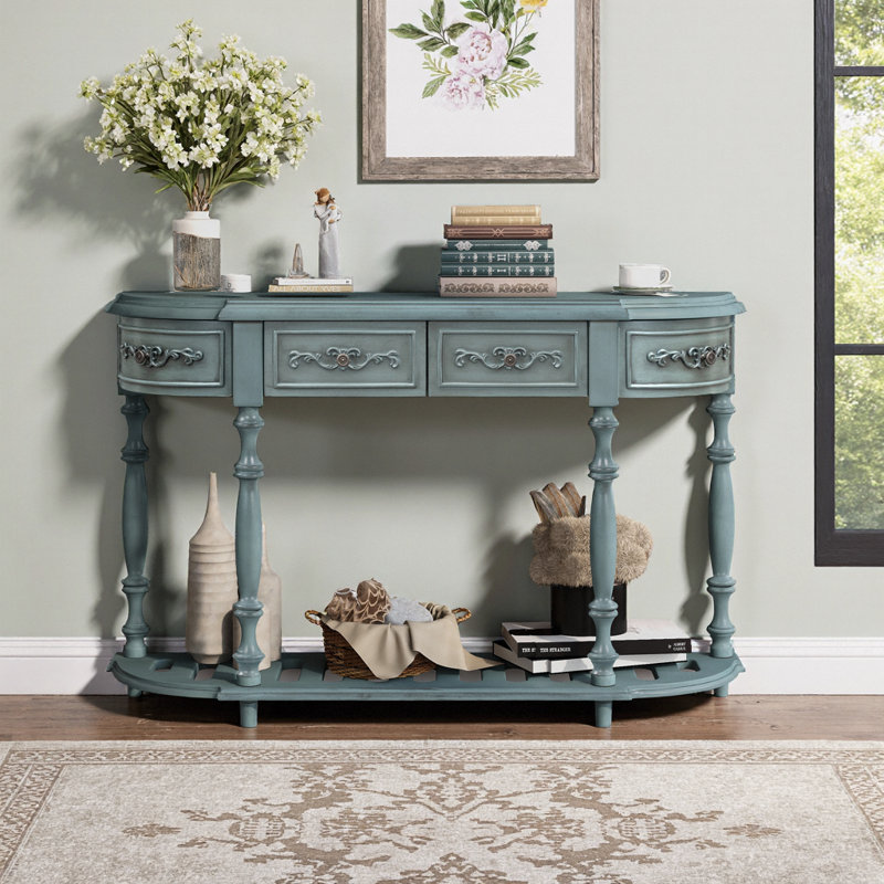 Console 52 po avec 4 tiroirs et tablette ouverte, Bleu antique
