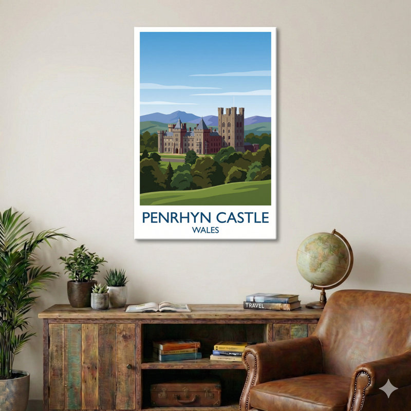 Penrhyn Castle, Wales - Romantic Travel Poster Of Neo-Norman Castle And Snowdonia Views. Giclee Print On Wrapped Canvas. Wall Art, Home Decor - Castles & Palaces, Wales - Wrapped Canvas Print