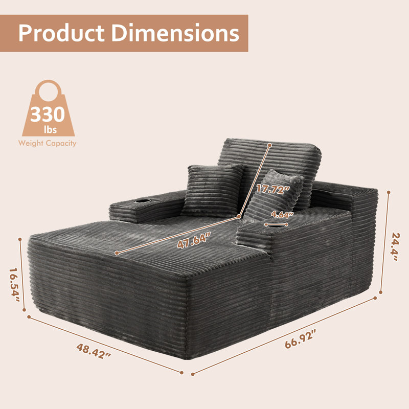Chaise longue rembourrée surdimensionnée de 48,42 po de largeur avec accoudoirs, coussins et porte-gobelet - aucun assemblage requis