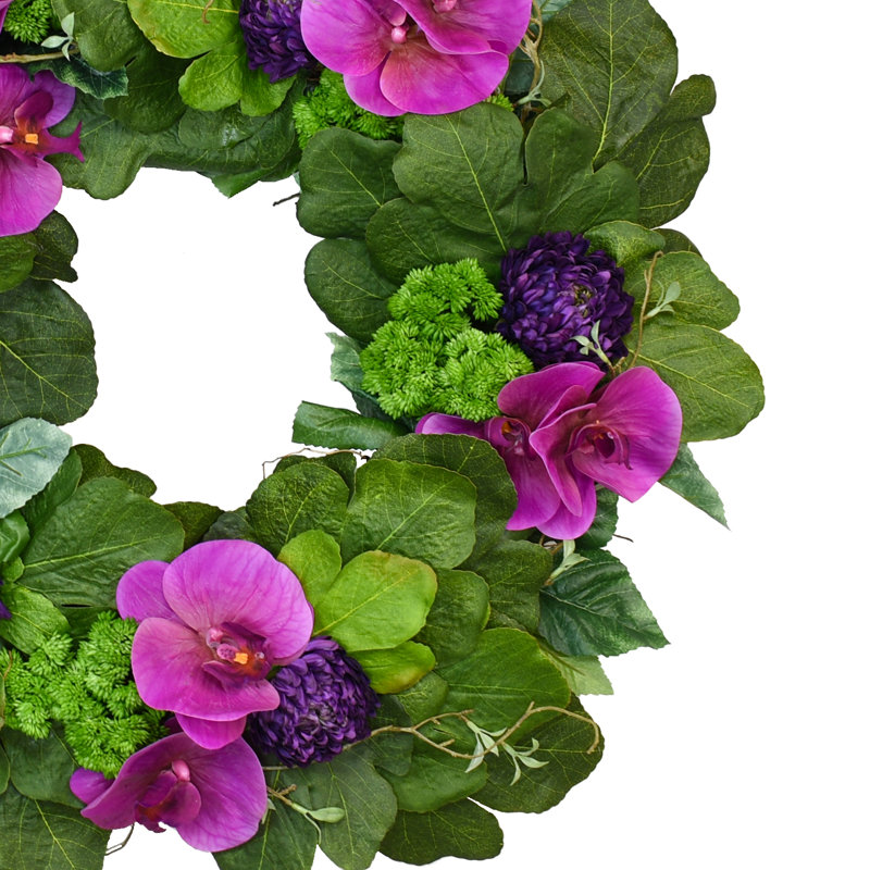 30" Wreath Decorated With Sedum, Mums And Orchids