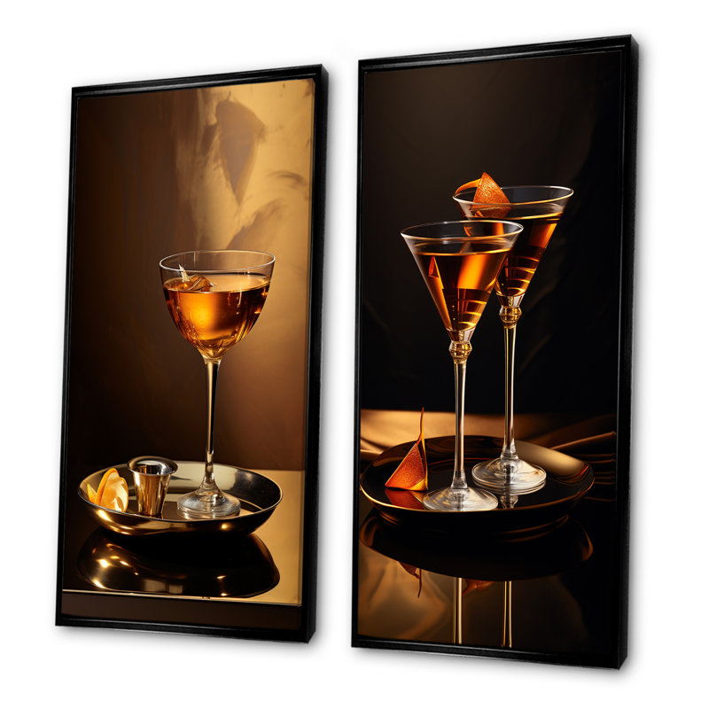 «Sidecar Soiree Bronze Cocktail - Cocktail», ensemble de 2 reproductions d'art sur toile, Cadre noir, H 28 po x l 25 po