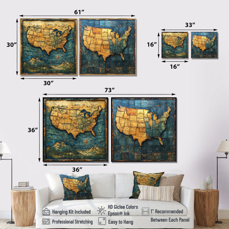 Vintage 19 Century Us Map I - Art mural carte des États-Unis - Art mural moderne sur toile 2 pièces, Ne s’applique pas