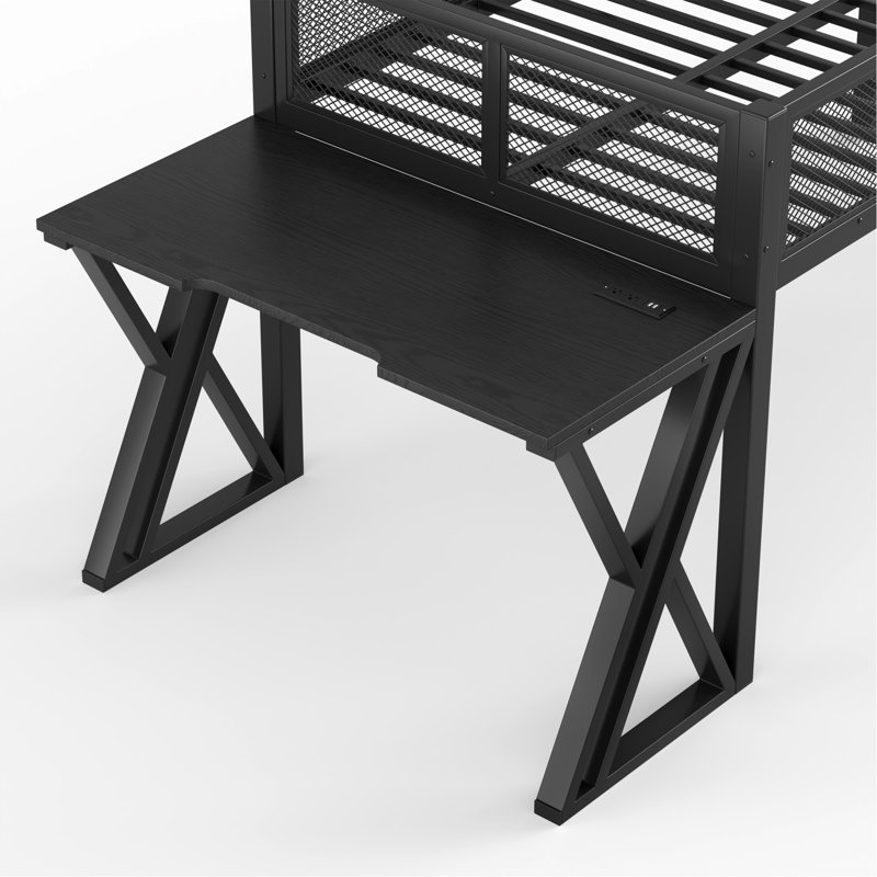 Lit mezzanine simple de très grande taille avec bureau avec pieds en forme de X, lumières DEL, ports USB, escalier et garde-corps en maille - Structure en métal noir, lit surélevé peu encombrant pour les dortoirs, les chambres à coucher et les jeux