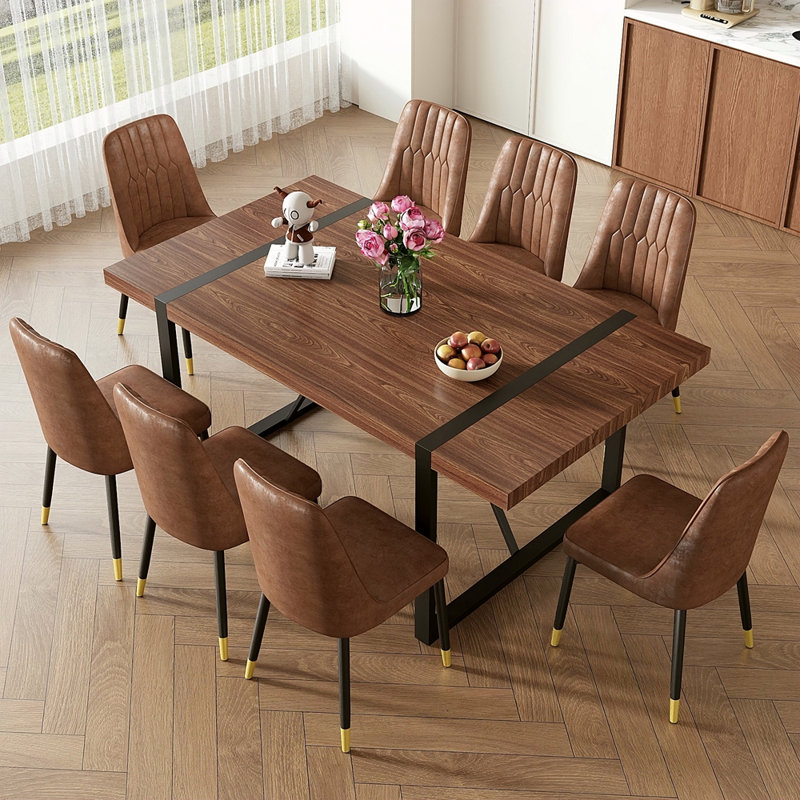 Ensemble de table et de chaises. Table de salle à manger rectangulaire de style industriel de couleur noyer - 71 po x 39,3 po. Grande taille. 8 chaises en daim brun.