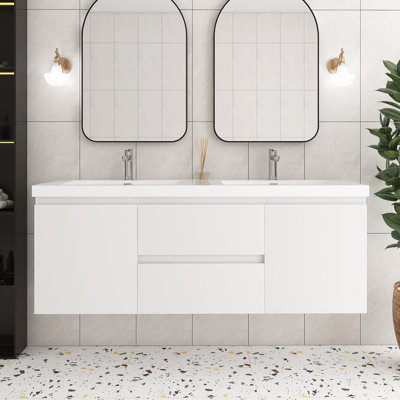 Meuble-lavabo double 60 po avec plateau en résine intégré 60 po