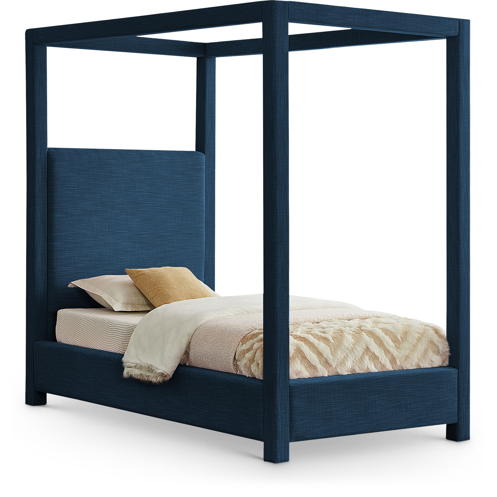 Upholstered Canopy Bed, Navy Linen, Twin