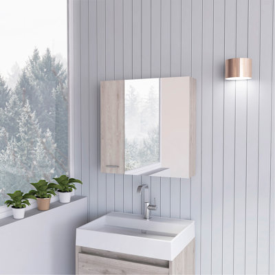 Armoire à pharmacie avec miroir, avec quatre tablettes internes, double porte, rangement minimaliste pour salle de bain, gris clair
