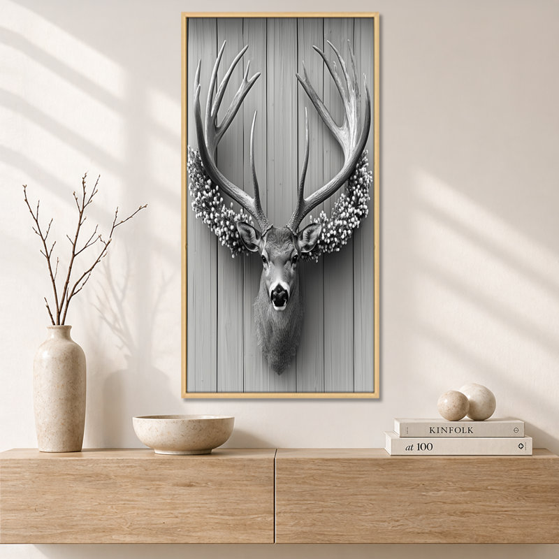 «Gray Nan Rustic Antler & Florals Composition», reproduction d'art sur toile, art mural nature, 40" H x 20" W