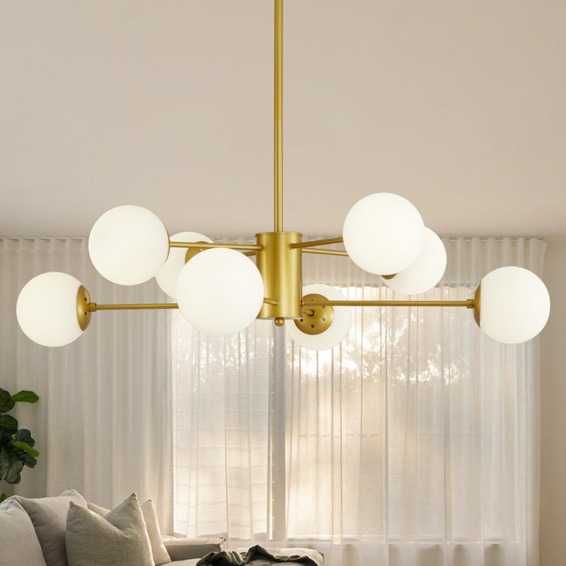 Lustre moderne Spoutnik doré à 8 lumières avec abat-jour en verre blanc pour le salon, la salle à manger ou la chambre à coucher