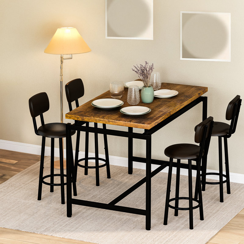 Ensemble de table de salle à manger rustique de style campagnard 5 pièces avec 4 tabourets de bar rembourrés en similicuir, ensemble de table de salle à manger pour 4 personnes avec plateau en panneau de fibres à densité moyenne et structure en métal robuste, patins réglables, pour la salle à manger, la cuisine et le bar