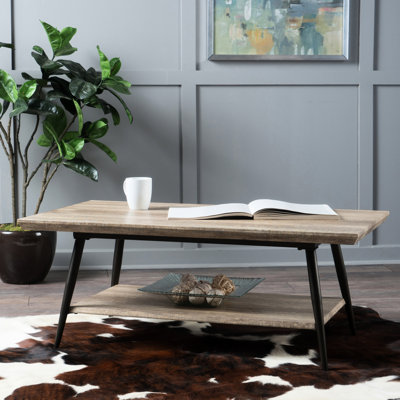 Table basse moderne avec plateau large et tablette supplémentaire, tablette inférieure grise pour rangement
