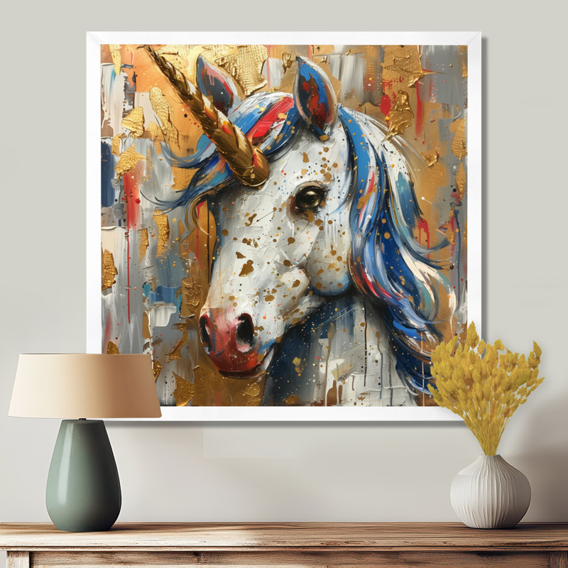 Licorne blanche dorée scintillante I - licornes, art mural salon, Cadre simple blanc, bois massif, H 36 po x l 36 po