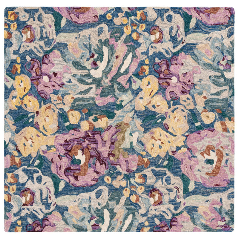 Tapis en laine / coton touffeté à la main Alilia bleu clair / prune / beige, Carré de 6 pi