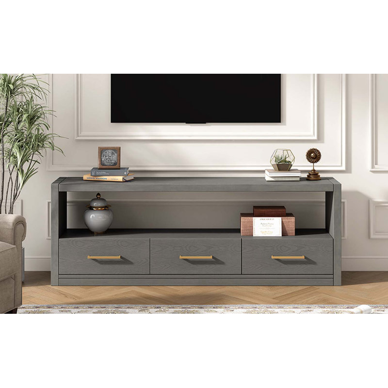 Meuble télé Mirod avec rangement spacieux, conception classique avec trois tiroirs et une surface spacieuse, poignées en métal minimalistes, polyvalent comme console de télévision ou armoire d'appoint