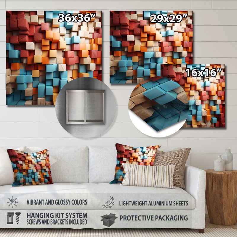 «Blue and Red Abstract Cubes I - Abstract Cubism», reproduction d'art murale en métal, H 16 po x l 16 po