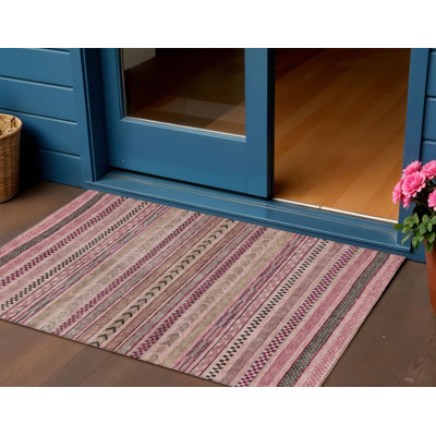 Tapis intérieur lavable rayé rose et taupe 3 pi x 5 pi