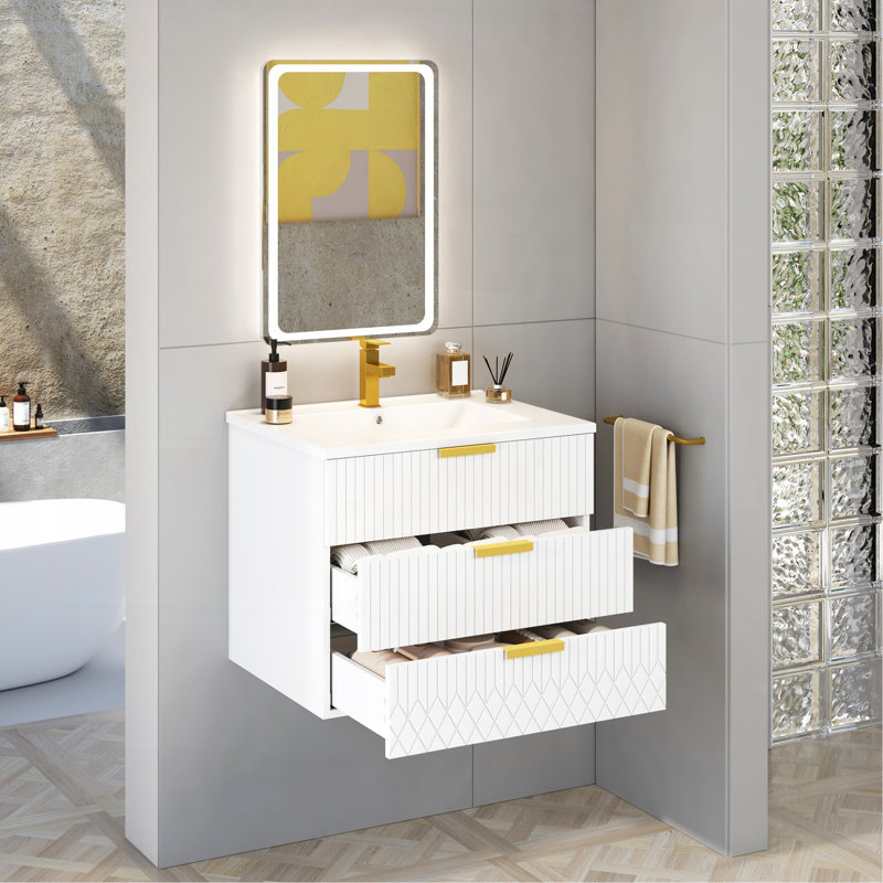 Armoire murale suspendue 24 po avec tiroir double, petit lavabo de salle de bain rectangulaire flottant avec trou de robinet simple et trop-plein, armoire de salle de bain moderne avec lavabo en céramique