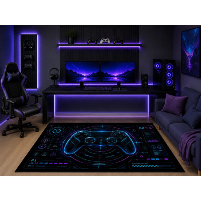 "Ultra Lightweight" 5' x 7' Sci Fi HUD Gaming Controller Area Rug Futuristic Digital Interface Art Gamer Bedroom Game Room Office Decor Non-Slip Silicone Backing Low Pile