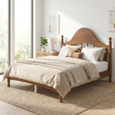 Platform Bed with Chic Curved Headboard, Solid Pine Wood Bed Frame with Slatted Support, No Box Spring Needed, Low Profile Design, Natural Wood Grain Finish