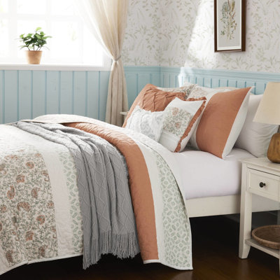 6 pièces de courtepointe en coton corail, grand / grand, avec coussins décoratifs en mousseline pour la chambre